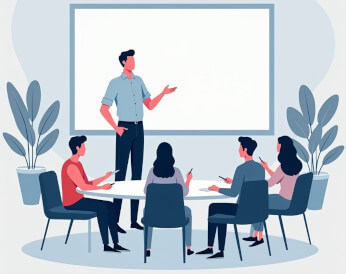 Um homem fazendo uma apresentação para um grupo de pessoas sentadas com laptops sobre a mesa