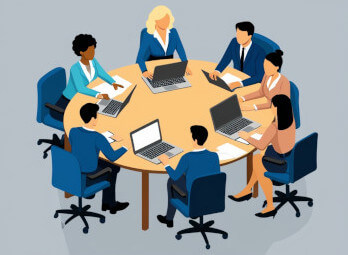 Um grupo de pessoas em volta da mesa conversando, laptops e celulares sobre a mesa